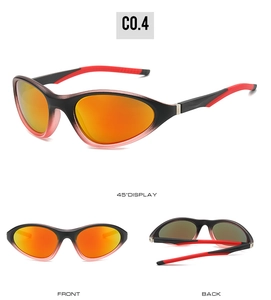 Three-way view of black and red sports sunglasses with orange-red mirrored lenses