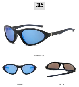 Three perspectives of sporty black sunglasses with blue mirrored anti-glare lenses