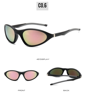 Three-view layout of sport sunglasses with black frame and purple-pink mirrored lenses