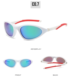 Detailed views of white sports sunglasses with red temples and colorful gradient lenses