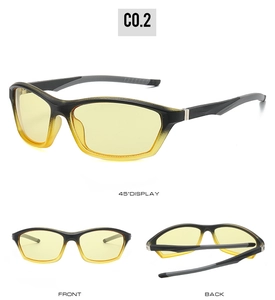 Vue détaillée des lunettes de sport avec monture dégradée jaune et verres de vision nocturne