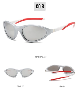 Three-angle display of silver sports sunglasses with grey lenses and red-white temples