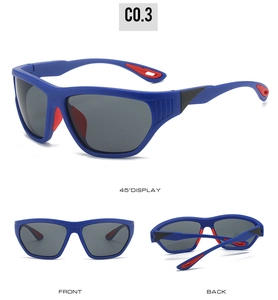 Vues détaillées de lunettes de soleil sport bleues avec plaquettes de nez rouges antidérapantes
