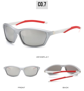 Trois vues de lunettes de soleil de sport de plein air avec monture argentée et branches rouge-blanc