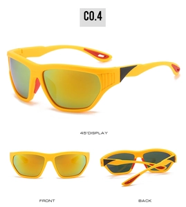 Trois perspectives de lunettes de soleil de sport jaunes avec verres miroir dorés pour vélo
