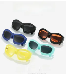 Collection of five colorful cat-eye sunglasses with bold frames in a minimalist layout