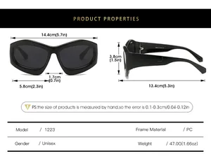 Size chart for futuristic cat-eye sunglasses showing frame width and lens dimensions