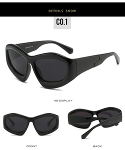 Detailed views of black cat-eye sunglasses showing front, back and 45-degree angles