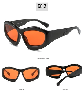 Three-angle view of cat-eye sunglasses with wide black frames and orange lenses