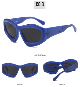 Front and back views of dark blue cat-eye sunglasses with thick glossy frames and logo detail