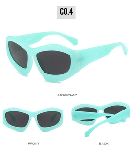 Detailed views of mint green thick cat-eye sunglasses with dark grey lenses