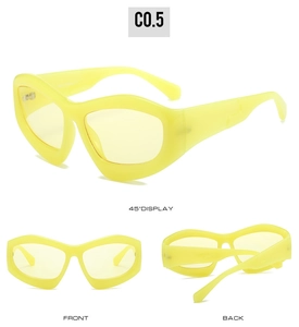 Three-angle view of bright yellow cat-eye sunglasses with geometric frames and tinted lenses