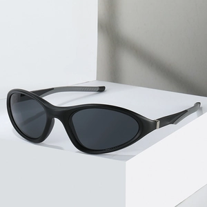 Streamlined sports sunglasses with black frame and dark lenses for outdoor cycling