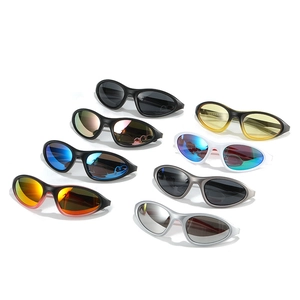 Multiple colorful sports sunglasses for cycling and outdoor activities on white background
