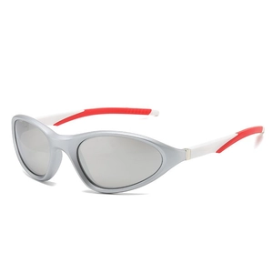 Sporty square frame sunglasses with silver frame and red-white temples for outdoor sports