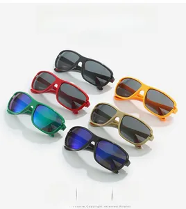 Close-up of five colorful sporty sunglasses frames showing water proof PC material details