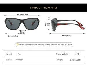 Detailed size chart for unisex PC sports sunglasses showing frame and lens dimensions