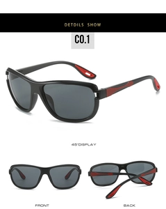 Detailed views of matte black sports sunglasses with grey lenses and red racing accents