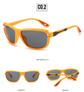 Detail view of orange sports sunglasses with gray lenses from multiple angles