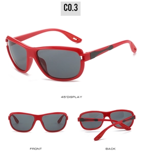 Three views of bright red sports sunglasses with gray lenses for cycling and running