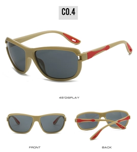 Three-view layout of khaki matte sunglasses with red streamlined temple details