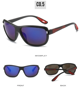 Three angles of sporty sunglasses with black matte frames and blue polarized lenses