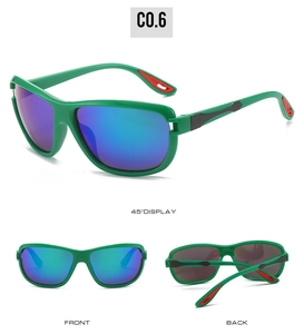 Three views of sports sunglasses with green frames and iridescent blue-purple mirror lenses