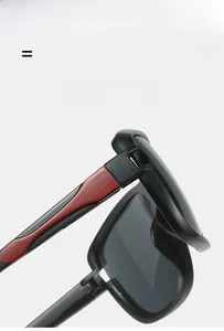 Close-up of black and red flexible hinges on lightweight sports cycling sunglasses