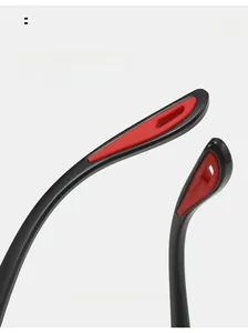 Macro detail of curved ergonomic temple with anti-slip red rubber for sports eyewear