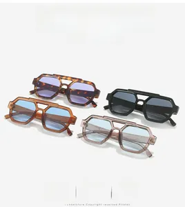 Detailed view of square aviator sunglasses in various colors with double bridge frames