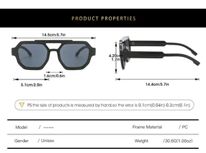 Size chart for PC double bridge pilot sunglasses with dimensions and specifications