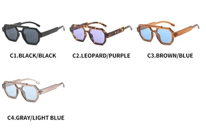 Flat lay of square aviator sunglasses in four color variants including leopard and black