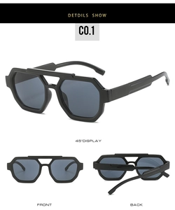 Detailed multi-angle views of black hexagonal frame pilot sunglasses with dark grey lenses
