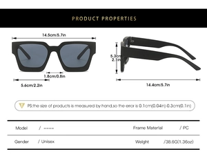 Detailed size chart of classic square unisex sunglasses with PC frame measurements