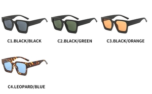 Flat lay of retro square sunglasses in black, leopard, green, and orange color variations