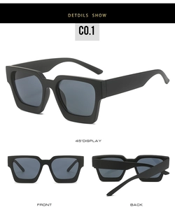 Detailed views of matte black square sunglasses showing front, back, and side angles