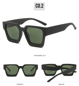 Three-view display of matte black square sunglasses with dark green lenses in detail