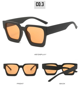 Classic square frame sunglasses with orange lenses shown in front, back and side views