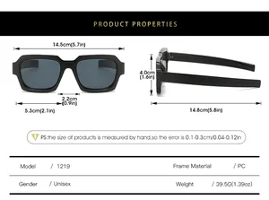 Detailed size chart for square frame sunglasses with measurements in centimeters and inches