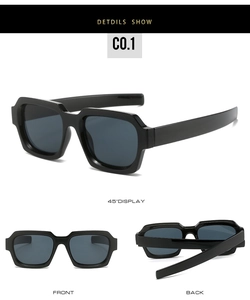 Square black frame sunglasses with dark gray lenses showing front and side profile