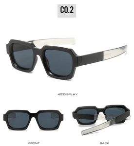 Detail view of square black sunglasses showing front, back, and 45-degree angle perspectives