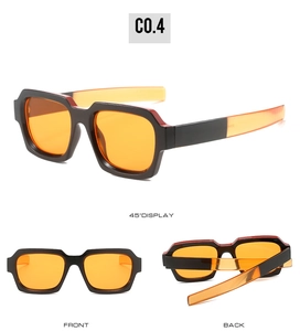 Detailed views of square sunglasses with thick black frames and vibrant orange lenses