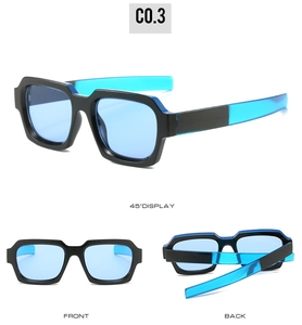 Three-angle display of square frame sunglasses with black frames and blue lenses