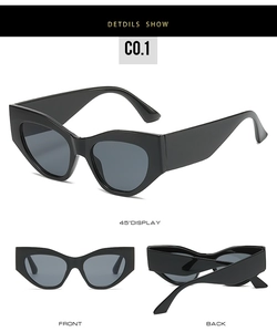 Detailed views of black oversized cat eye sunglasses with thick temples and UV400 lenses