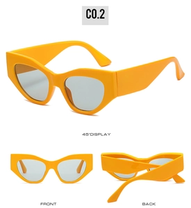 Three-angle view of bright orange chunky cat-eye sunglasses with light gray lenses