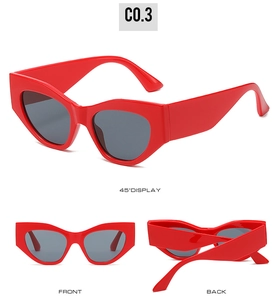 Three-view display of red cat eye sunglasses with thick temples and dark lenses