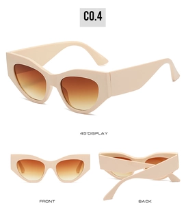 Three-view display of chunky beige cat eye sunglasses with brown gradient lenses