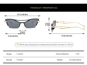 Detailed size chart for retro cat eye sunglasses showing PC frame and metal temple dimensions