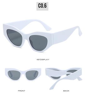 Multi-angle view of white cat-eye sunglasses with wide frames and dark grey lenses