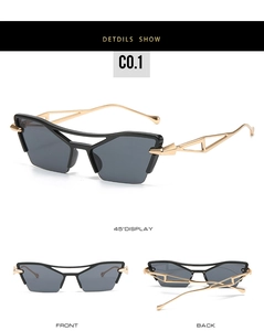Detail view of cat eye sunglasses with gold double-bridge hollow metal temples